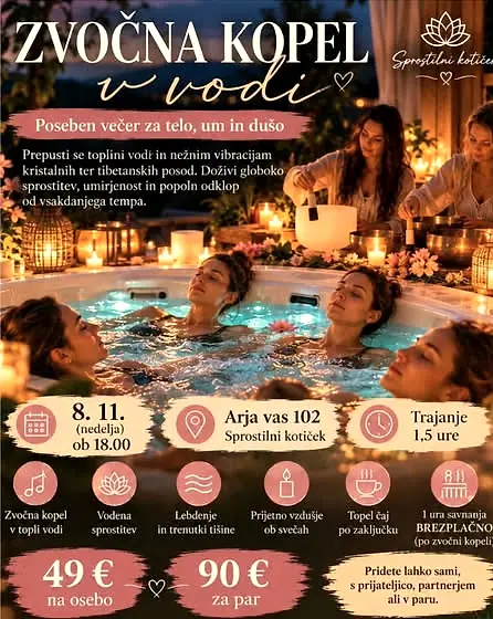 Plakat Zvočna kopel v vodi: ženske v topli vodi ob zvoku tibetanskih posod